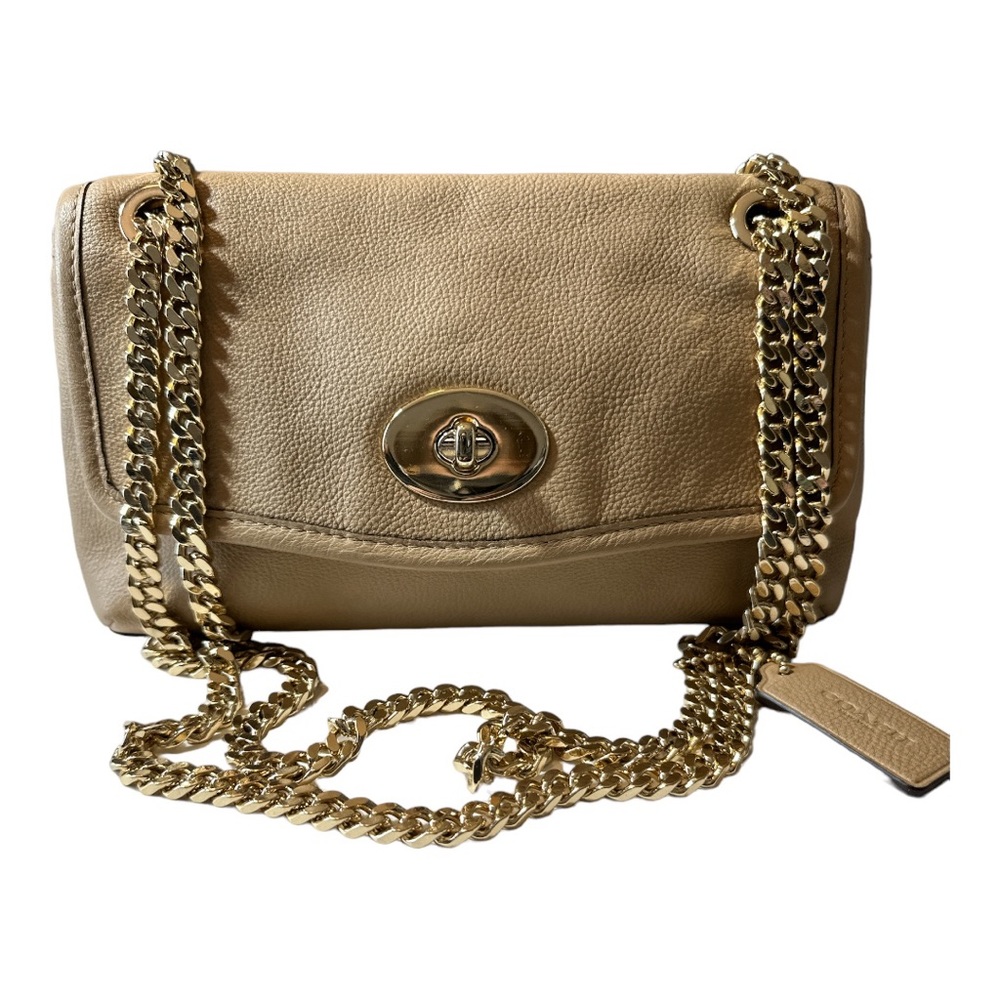 Coach Beige Leather Shoulder Bag with Gold Chain